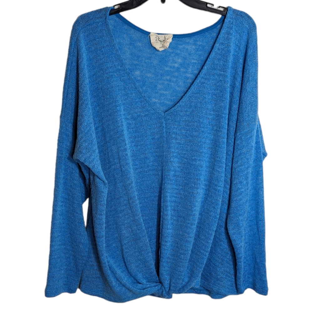 Fantastic Fawn Size L Teal Blue V-Neck Oversize 3/4 Sleeve Sweater